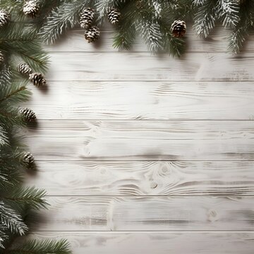 Christmas background with fir tree branches, cones and silver balls on white wooden board (Image generated using artificial intelligence)
