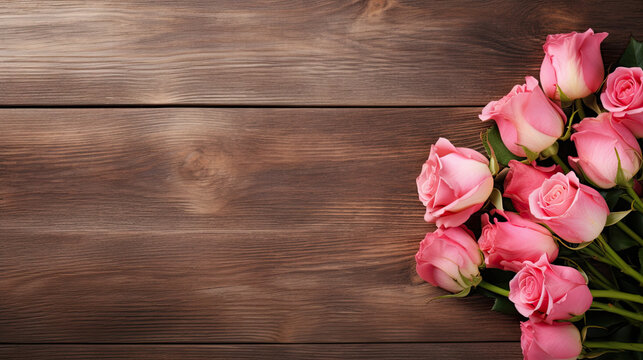Pink roses on a wooden table, copy space, Mother's Day, Valentine's Day background 