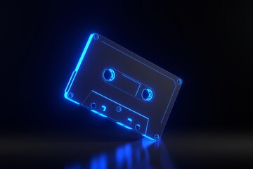 Vintage audio tape cassette with bright glowing futuristic blue neon lights on a black background. 3D render illustration