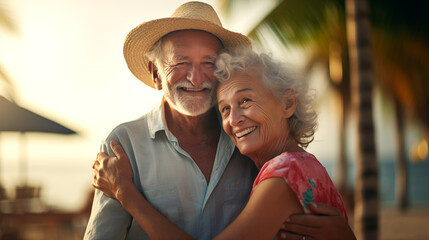 An elderly beautiful couple hugged happy and smiling at a tropical seaside.  - obrazy, fototapety, plakaty