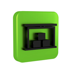 Black Warehouse icon isolated on transparent background. Green square button.