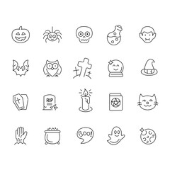 Halloween thin icons. Set of halloween silhouettes black icon and character. Vector illustration. Isolated on white background.