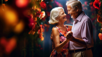 An elderly beautiful couple dancing hugged on a romantic tropical dance floor.