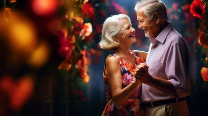 Foto op Canvas An elderly beautiful couple dancing hugged on a romantic tropical dance floor. © Andrea Raffin