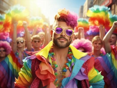 LGBTQI+ Celebration: A Colourfully Dressed Gay Man with Rainbow Coloured Hair and Stylish Sunglasses. A man with rainbow hair and sunglasses in front of a group of people celebrating gay pride. 
