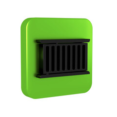 Black Container icon isolated on transparent background. Crane lifts a container with cargo. Green square button.