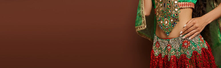 cropped view of belly of young indian woman in traditional costume on brown background, banner