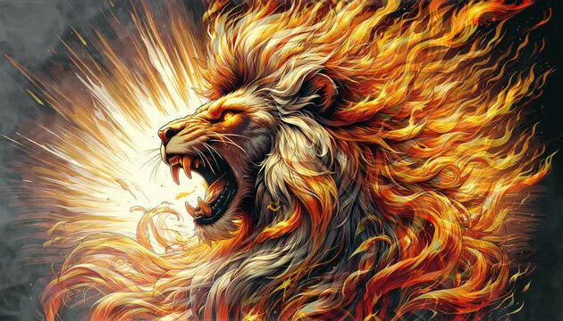 a roaring lion, with flames coming out of its mane