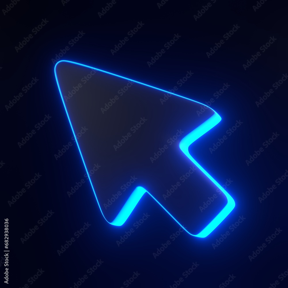 Poster computer mouse click pointer with bright glowing futuristic blue neon lights on black background. 3d