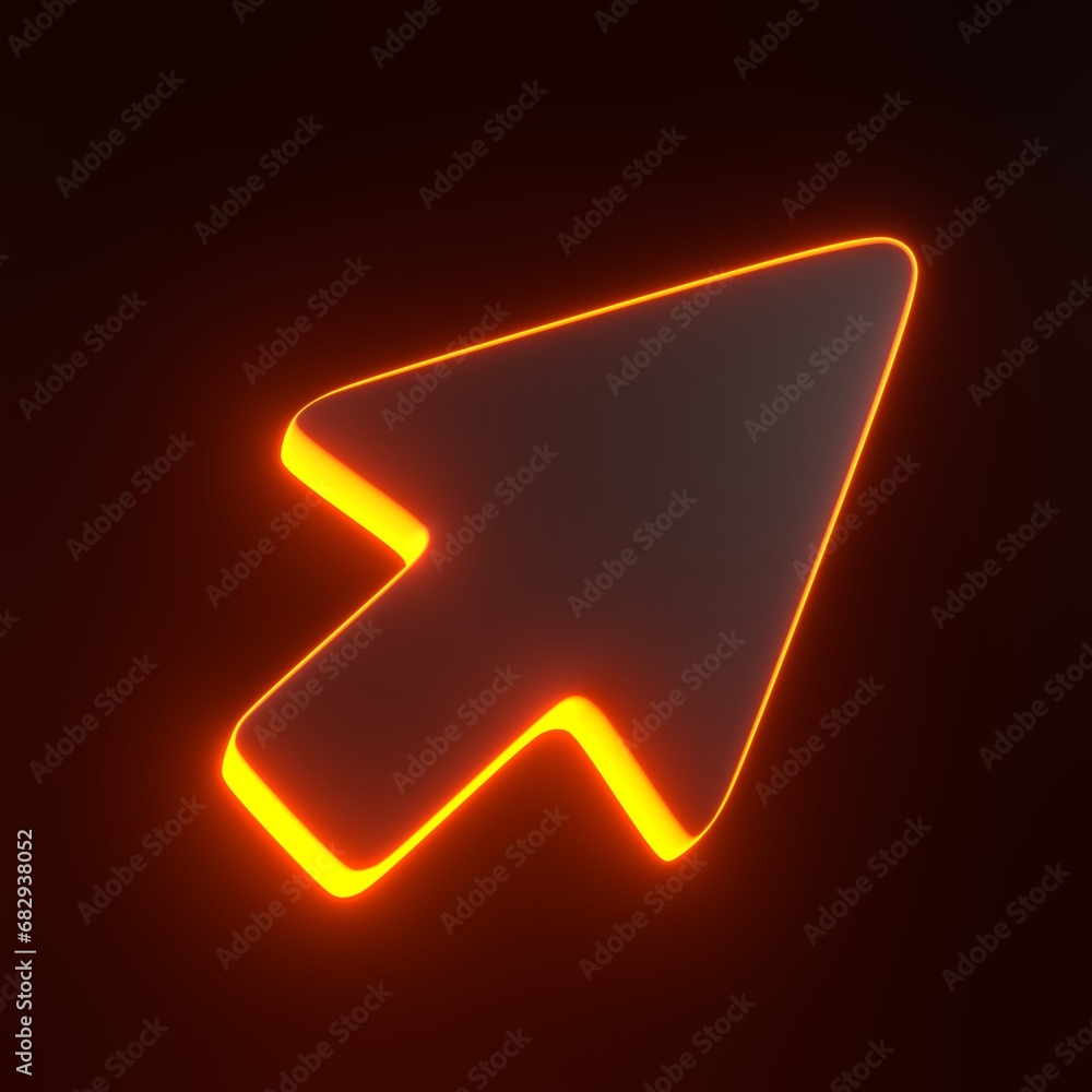 Poster computer mouse click pointer with bright glowing futuristic orange neon lights on black background. 