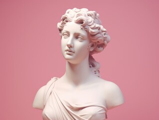 Antique Statue of a Woman goddess in profile. Greek Ancient Sculpture of female head with pink pastel background. Minimalistic modern trendy y2k style. - obrazy, fototapety, plakaty
