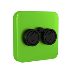 Black Binoculars icon isolated on transparent background. Find software sign. Spy equipment symbol. Green square button.