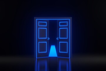 Light going through the opening door with bright glowing futuristic blue neon lights on black background. Architectural design element. 3D render illustration