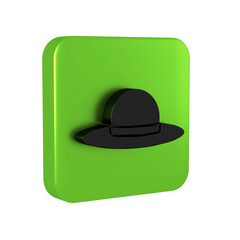 Black Elegant women hat icon isolated on transparent background. Green square button.