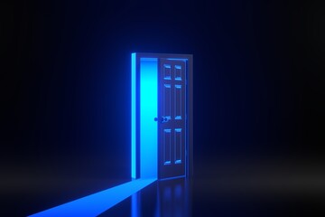 Light going through the opening door with bright glowing futuristic blue neon lights on black background. Architectural design element. 3D render illustration