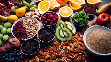 Selection of healthy food. Super foods, various fruits and assorted berries, nuts and seeds. - obrazy, fototapety, plakaty