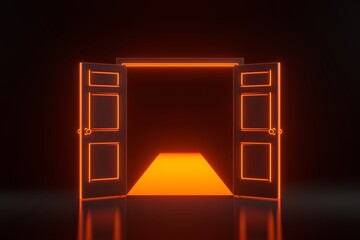 Light going through the opening door with bright glowing futuristic orange neon lights on black background. Architectural design element. 3D render illustration