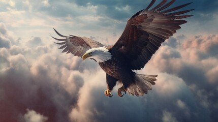 Obraz premium Eagle With American Flag Flying Over The Clouds.Generative AI