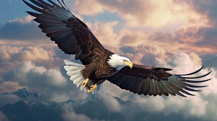 Naklejka premium Eagle With American Flag Flying Over The Clouds.Generative AI