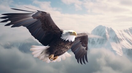 Eagle With American Flag Flying Over The Clouds.Generative AI