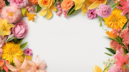 Obraz na płótnie Canvas Festive yellow pink flowers frame composition on white.Generative AI