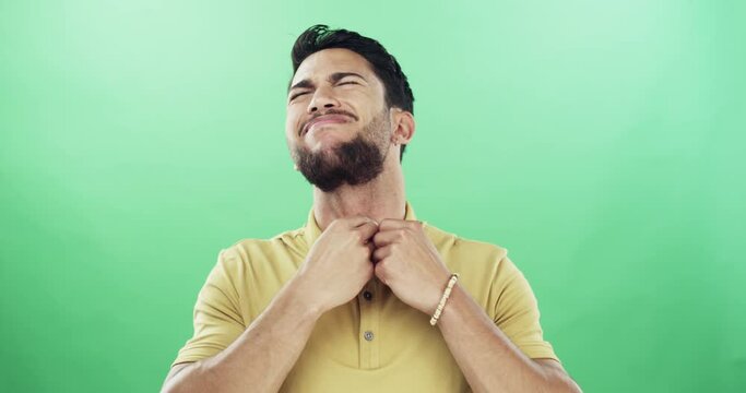 Green screen, sick and man with sore throat stress in studio for flu, allergy or reflux on mockup background. Asthma, tuberculosis or model with infection, choking or anxiety for breathing problem