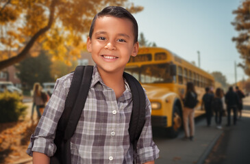 Cute Young Hispanic Boy Wearing a Backpack Near a School Bus on Campus.