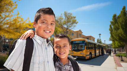 Two Happy Young Hispanic Brothers Wearing Backpacks Near a School Bus on Campus.