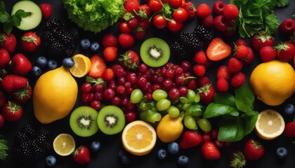 Fresh fruits, vegetables and berries. On a black background. Banner Top view