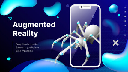 Augmented reality 3d vector illustration concept. A big white mechanic spider  come to the real world from a virtual mobile application