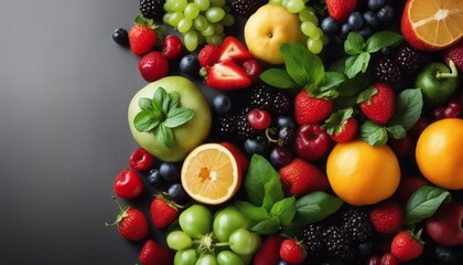 Naklejka na ściany i meble Fresh fruits, vegetables and berries. On a black background. Banner Top view