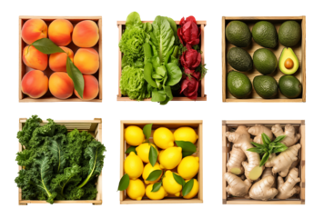 Vegetables and fruits in the wood box on background isolated, close up collection of organic fresh fruits and vegetables for healthy food, well being theme