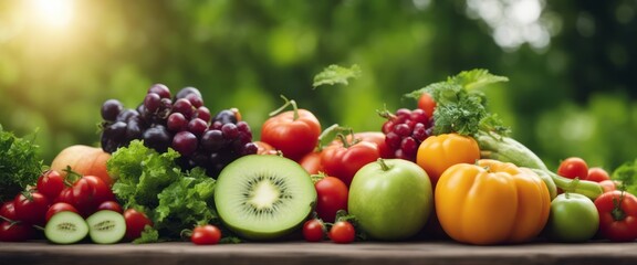 fresh vegetables and fruits on blurred background of green leaves.