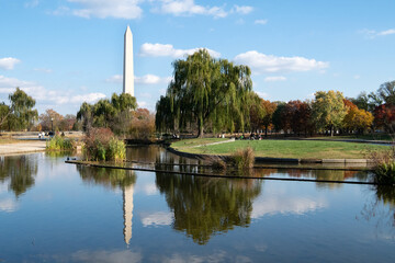 Washington monument and its reflection in a pond in the Constitution gardens in DC mall with blue...