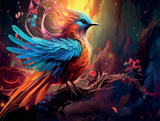 magical bird with a long tail, bright colors Illustration