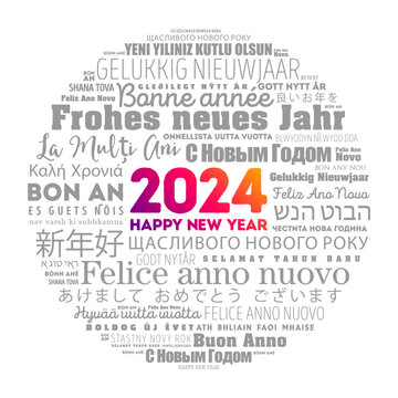 2024 Happy New Year in different languages, celebration word cloud greeting card