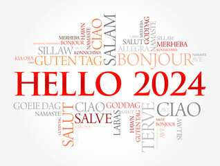 Hello 2024 word cloud in different languages of the world, concept background
