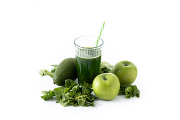 Green smoothie detox with Kale, avocado and apples on isolated on white background