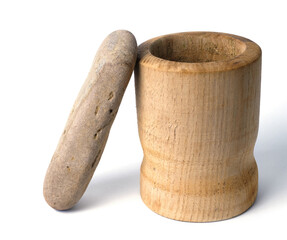 Wooden mortar and stone pestle isolated on white background