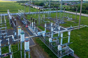 Top view of a high voltage substation with switches and disconnectors.
