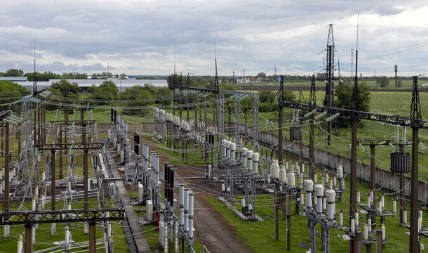 Top view industrial electrical substation, Top view of transformers, switches, insulators and busbars of the substation.