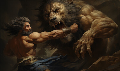 Ancient Greek Mythology Hercules Nemean Lion Scene - obrazy, fototapety, plakaty