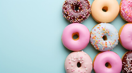 Sweet doughnut covered with icing, pastel colors, view from above. Delicious multicolored dessert. Empty space for your text. Cookies, flour products.