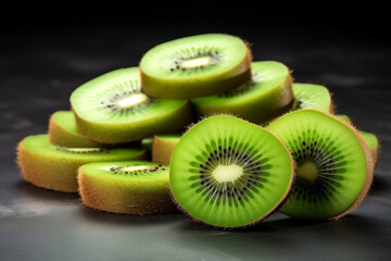 Pile of kiwi slices on dark background. Generative AI