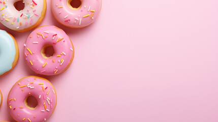 donuts with icing, sweet dessert. empty place for your text. light blue and pink colors. - obrazy, fototapety, plakaty