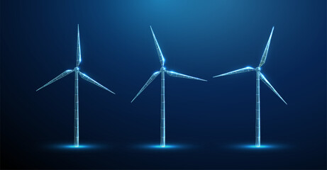 Abstract blue low poly wind turbine with different positions of vanes Front view Renewable power generation