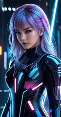 "Purple Radiance: A Cosplay Odyssey" - Behold the enchanting spectacle of a girl with cascading purple locks, donned in a latex superhero ensemble. In this vivid portrayal, she becomes the epitome of 