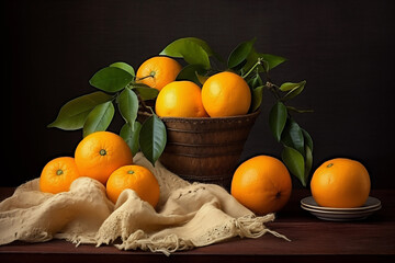 Still life of oranges with leaves and fabric. Generative AI