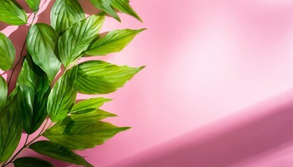 Trendy pink background with green tropical plants and leaves.