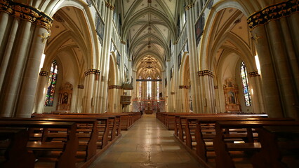 Fribourg, Switzerland Circa March 2022 - Sacred Glow, Interior of Saint Nicholas Cathedral, Catholic Reverence